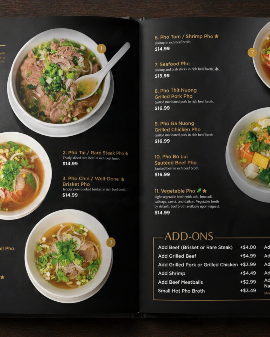 Thiết kế menu nhà hàng Việt Nam – New Saigon Pho
